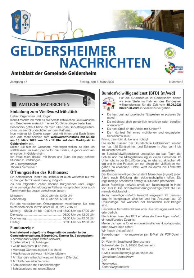 Geldersheimer Nachrichten Amtsblatt der Gemeinde Geldersheim Titelblatt 05/2025