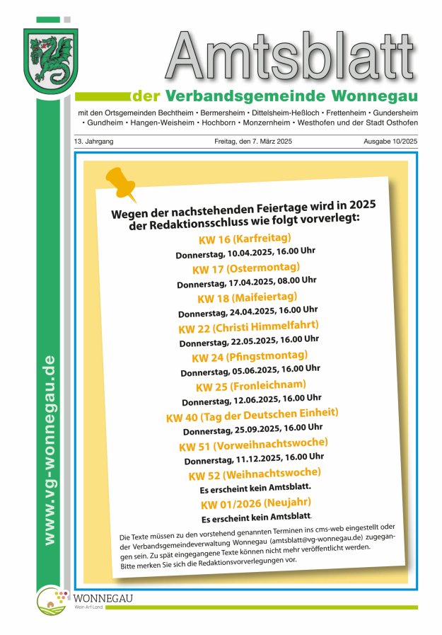 Amtsblatt VG Wonnegau Titelblatt 10/2025