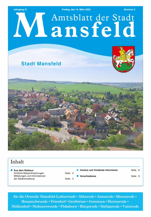 Amtsblatt der Stadt Mansfeld Titelblatt 03/2025