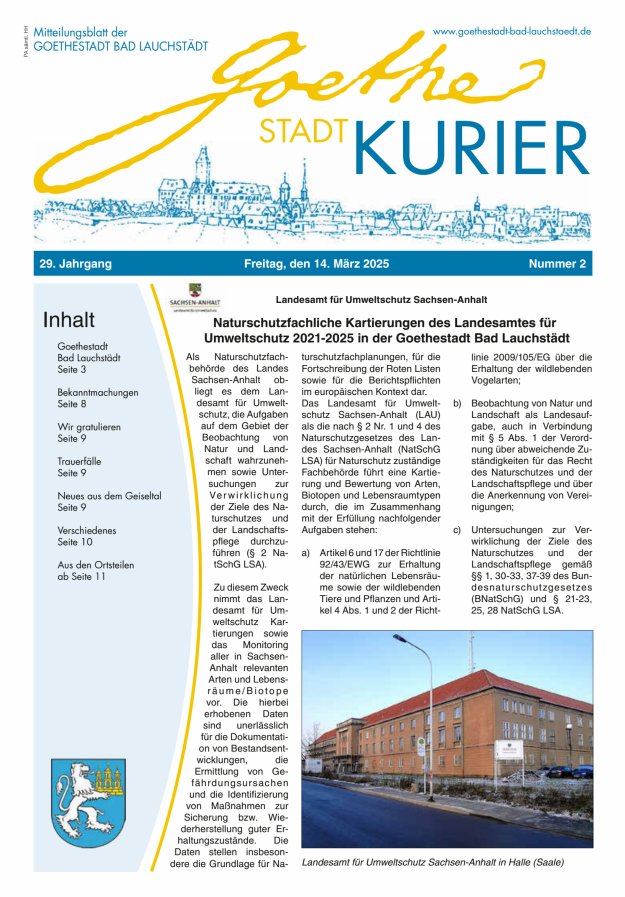 Goethestadt Kurier - Mitteilungsblatt der Goethestadt Bad Lauchstädt Titelblatt 02/2025