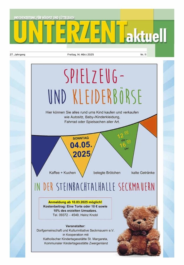 Unterzent aktuell Wochenzeitung für Höchst und Lützelbach Titelblatt 11/2025