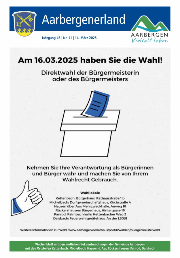Aarbergenerland - Wochenblatt mit den amtlichen Bekanntmachungen Titelblatt 11/2025