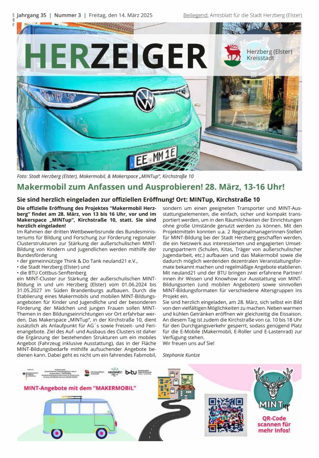 Amtsblatt für die Stadt Herzberg (Elster) mit Bekanntmachungen der Stadt  Titelblatt 03/2025