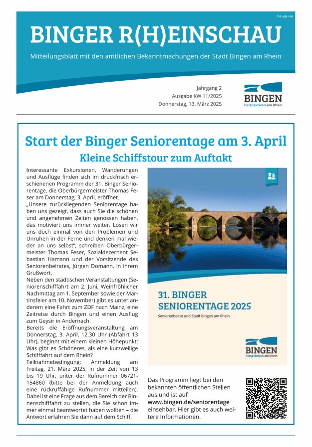 Binger R(h)einschau - Mitteilungsblatt mit den Amtlichen Bekanntmachungen der Stadt Bingen Titelblatt 11/2025