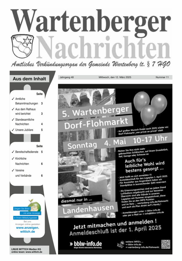 Wartenberger Nachrichten Titelblatt 11/2025