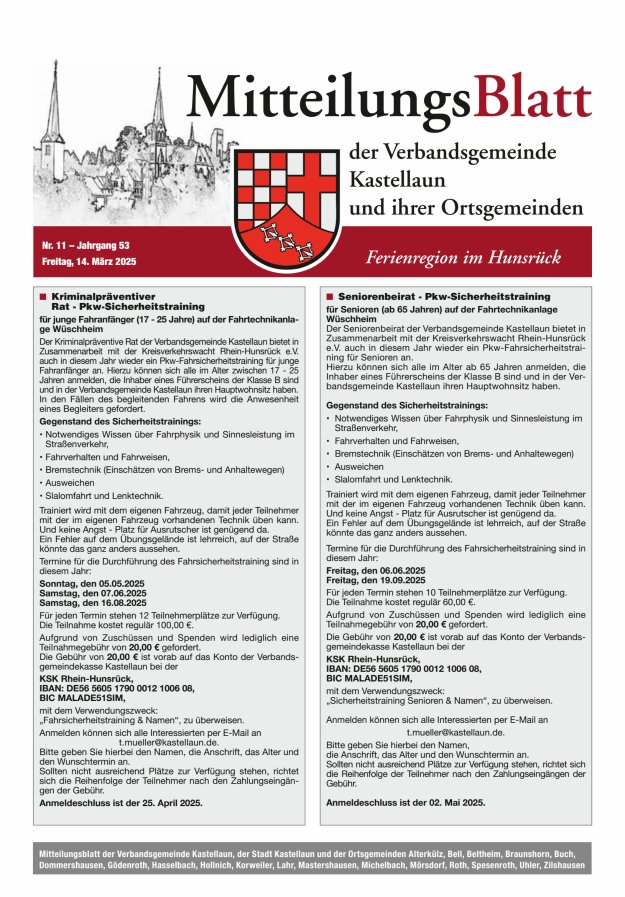 Mitteilungsblatt Kastellaun Titelblatt 11/2025