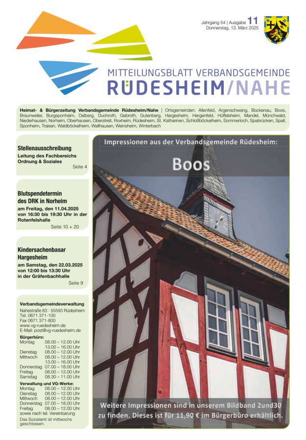 Mitteilungsblatt Verbandsgemeinde Rüdesheim und zugehörige Ortsgemeinden Titelblatt 11/2025
