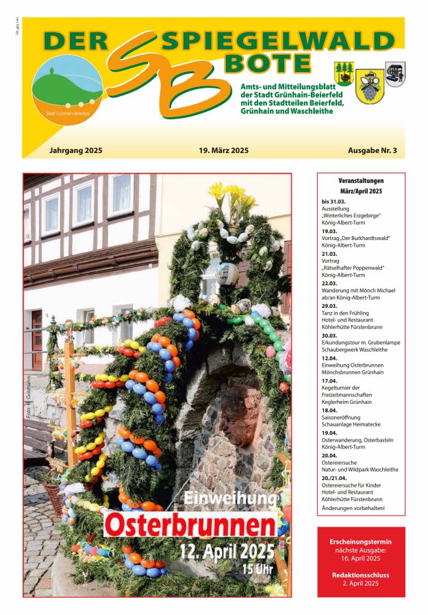 Der Spiegelwaldbote - Amts- und Mitteilungsblatt der Gemeinde Grünhain-Beierfeld  Titelblatt 03/2025