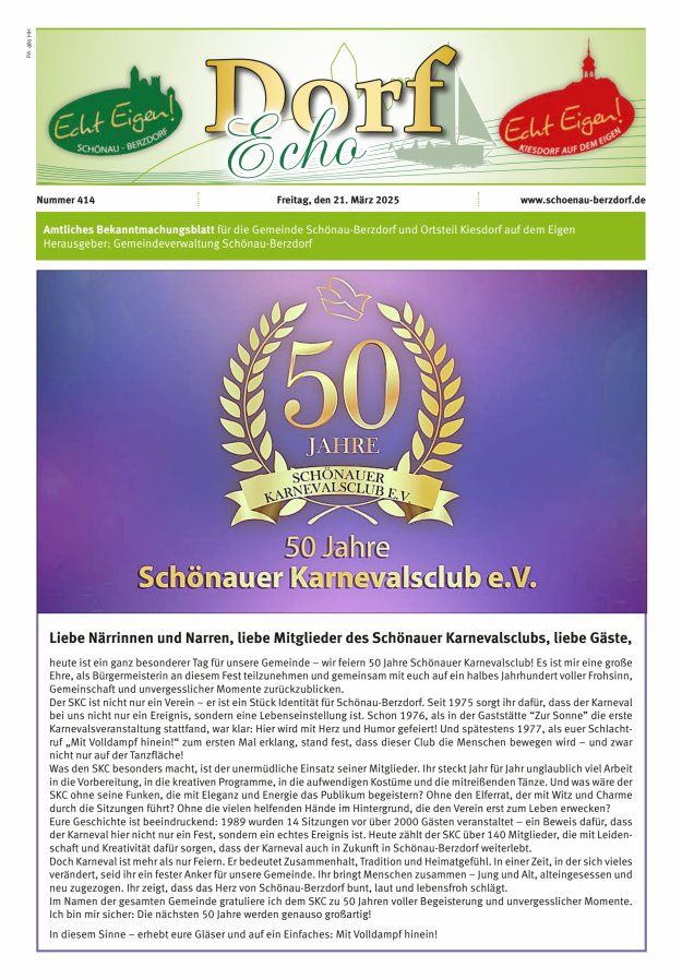 Dorfecho Amtliches Bekanntmachungsblatt für die Gemeinde Schönau-Berzdorf und OT Titelblatt 414/2025