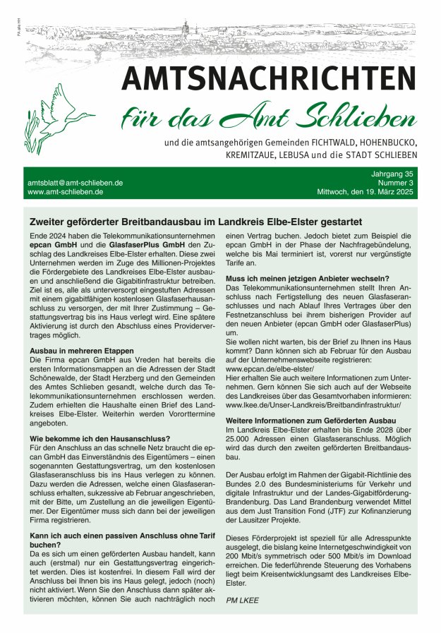 Amtsnachrichten – Amtsblatt für das Amt Schlieben und die amtsangehörigen Gemeinden Titelblatt 03/2025