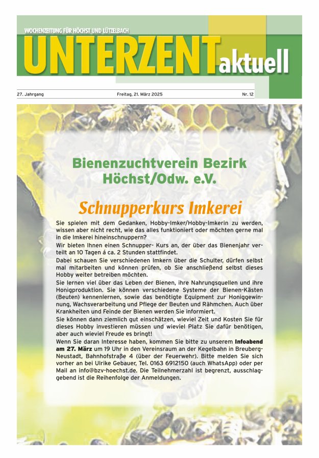 Unterzent aktuell Wochenzeitung für Höchst und Lützelbach Titelblatt 12/2025