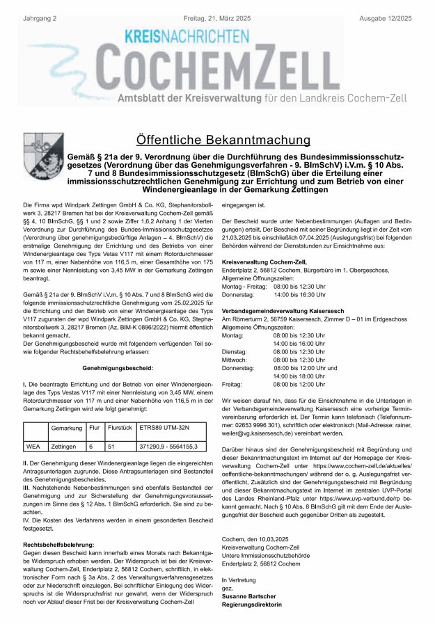 Kreisnachrichten Cochem-Zell Titelblatt 12/2025