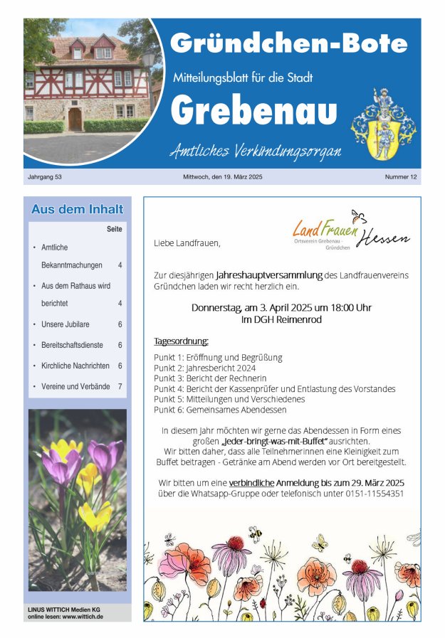 Grebenau - Gründchen Bote - Mitteilungsblatt für die Stadt Grebenau Titelblatt 12/2025