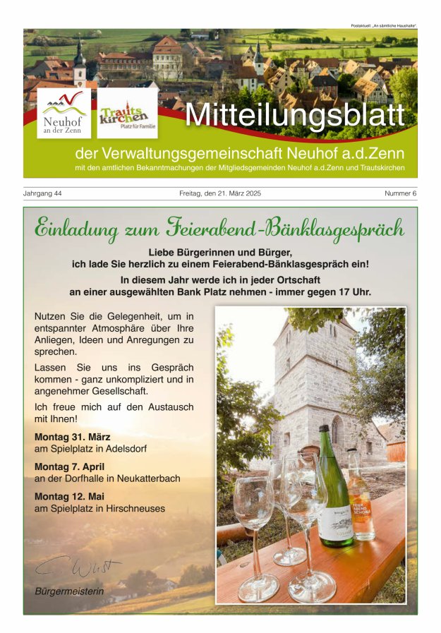 Mitteilungsblatt der Verwaltungsgemeinschaft Neuhof an der Zenn mit den amtlichen Bekanntmachungen der Mitgliedsgemeinden Neuhof an der Zenn und Trautskirchen Titelblatt 06/2025