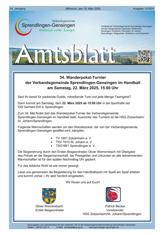 Amtsblatt VG Sprendlingen-Gensingen Titelblatt 12/2025
