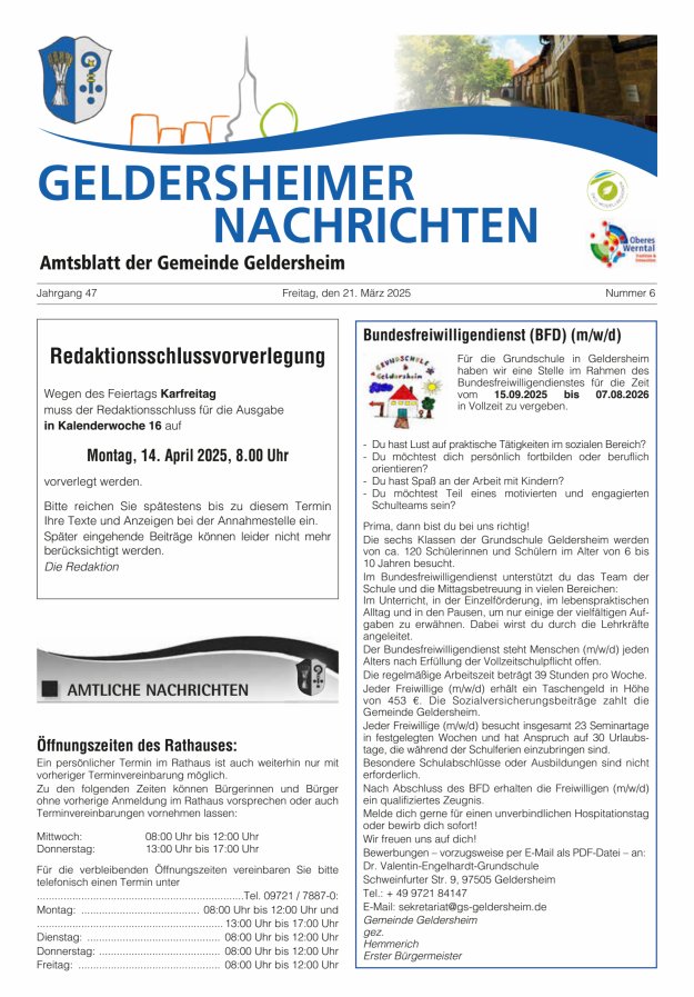 Geldersheimer Nachrichten Amtsblatt der Gemeinde Geldersheim Titelblatt 06/2025