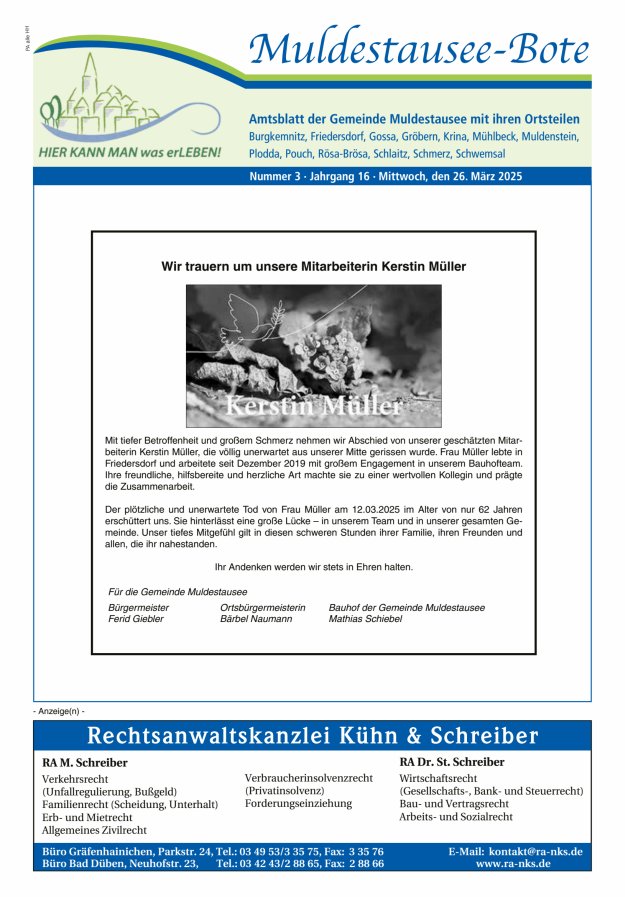 Muldestausee-Bote – Amtsblatt der Gemeinde Muldestausee mit ihren Ortsteilen Titelblatt 03/2025