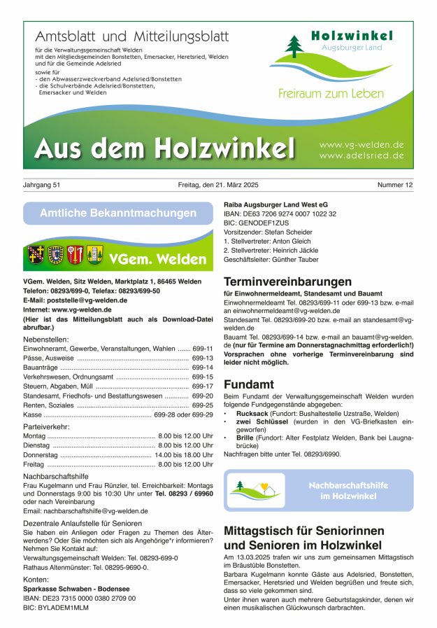 Aus dem Holzwinkel Amtsblatt u Mitteilungsblatt f VG Welden u GemAdelsried Titelblatt 12/2025