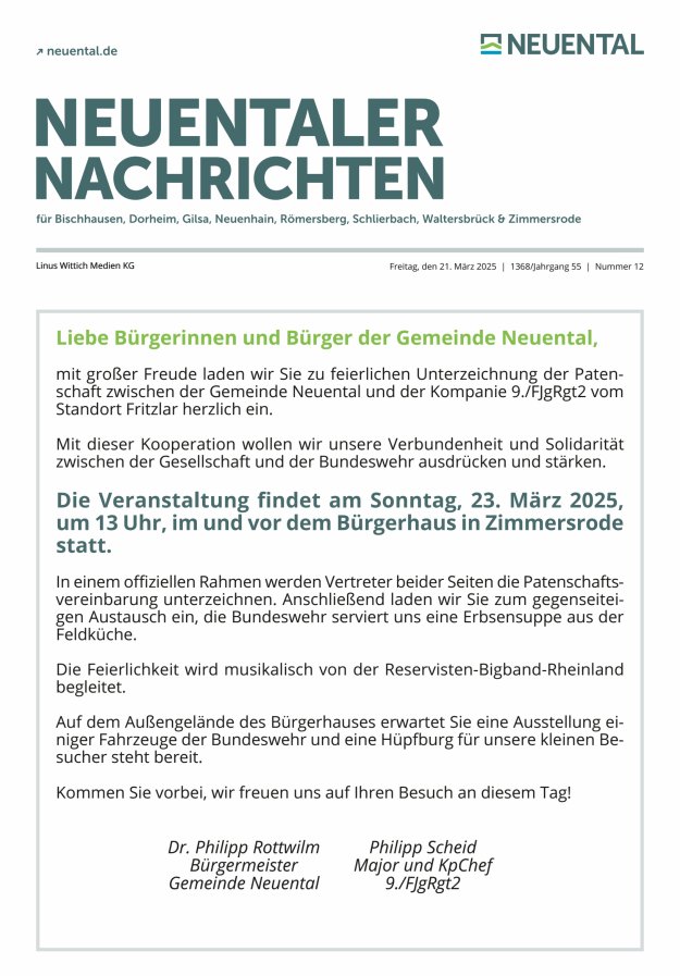 Neuentaler Nachrichten Titelblatt 12/2025
