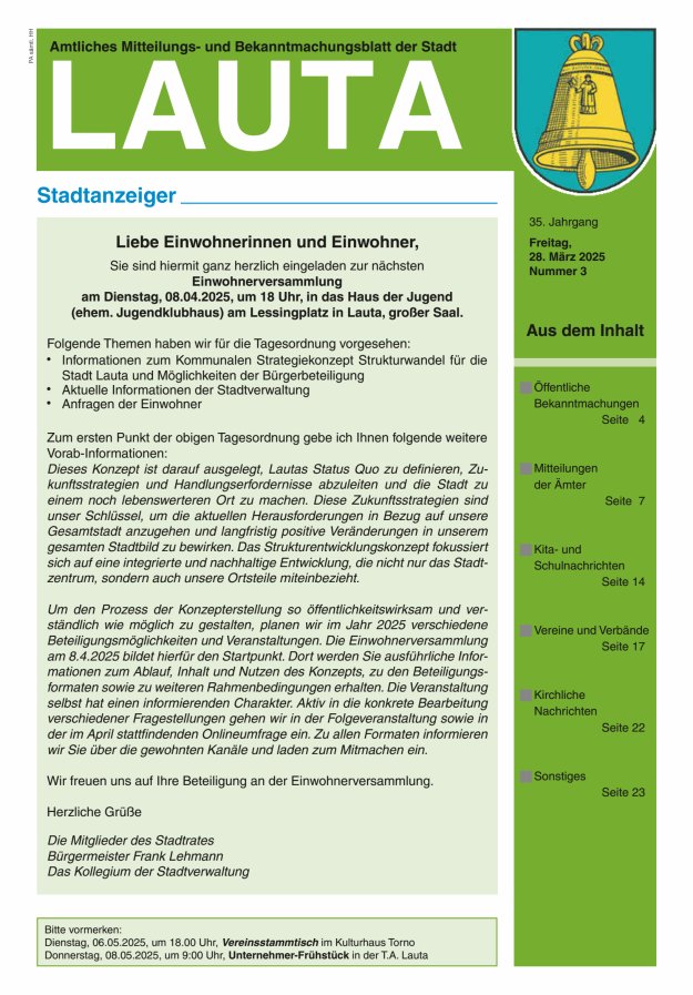 Amtliches Mitteilungs- und Bekanntmachungsblatt der Stadt Lauta - Stadtanzeiger Titelblatt 03/2025