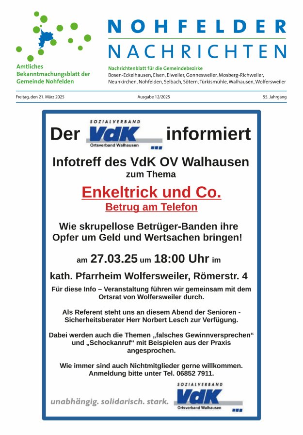 Nohfelder Nachrichten Titelblatt 12/2025