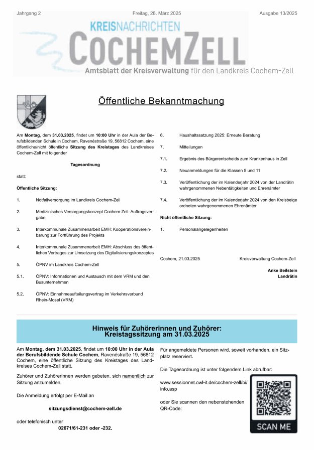 Kreisnachrichten Cochem-Zell Titelblatt 13/2025