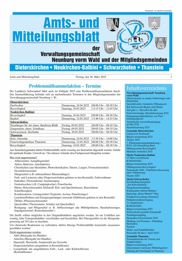 Amts- u Mitteilungsblatt der VG Neunburg vorm Wald u d Mitgliedsgemeinden Titelblatt 03/2025