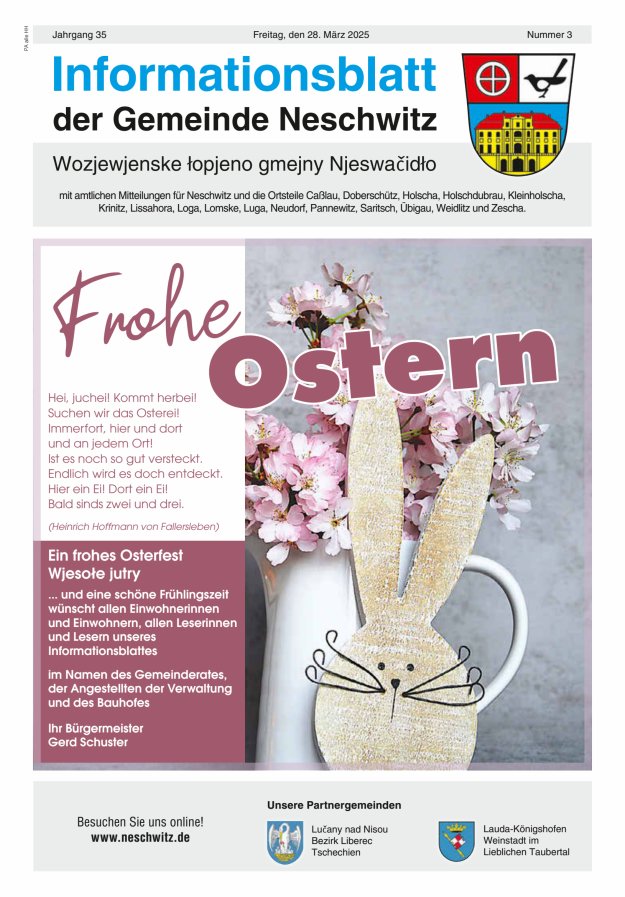 Informationsblatt der Gemeinde Neschwitz mit amtlichen Mitteilungen Titelblatt 03/2025
