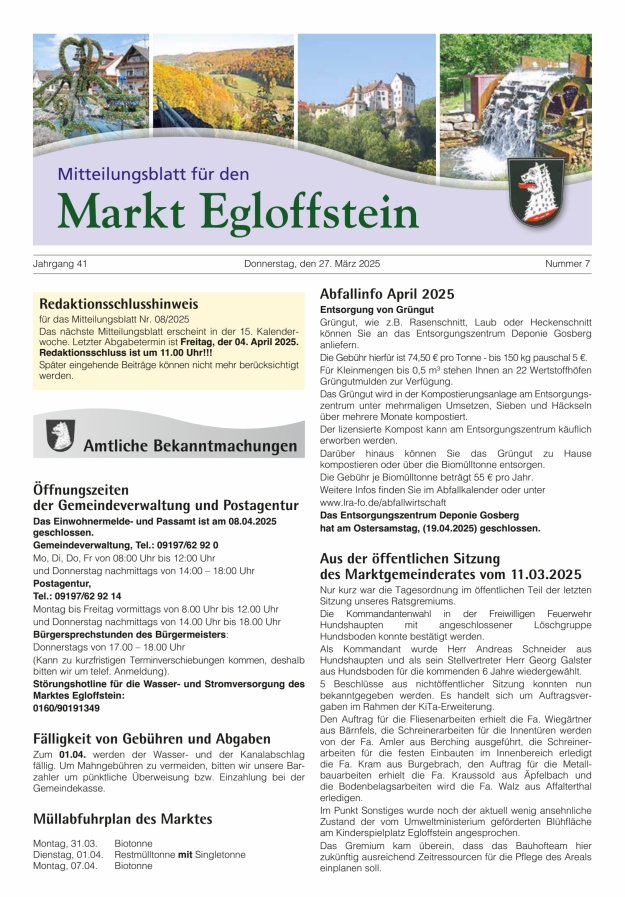 Mitteilungsblatt für den Markt Egloffstein Titelblatt 07/2025