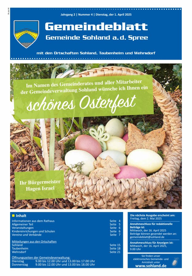 Amtsblatt der Gemeinde Sohland a. d. Spree mit den Ortschaften Sohland, Taubenheim und Wehrsdorf Titelblatt 04/2025
