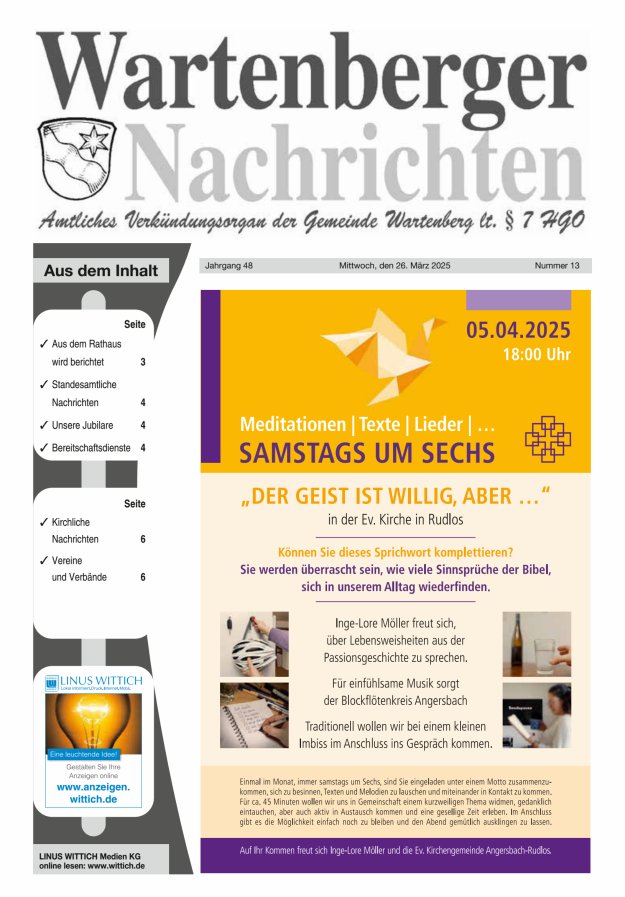 Wartenberger Nachrichten Titelblatt 13/2025