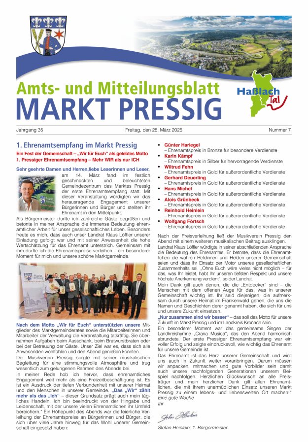 Amtsblatt für den Markt Pressig mit den Gemeindeteilen Titelblatt 07/2025