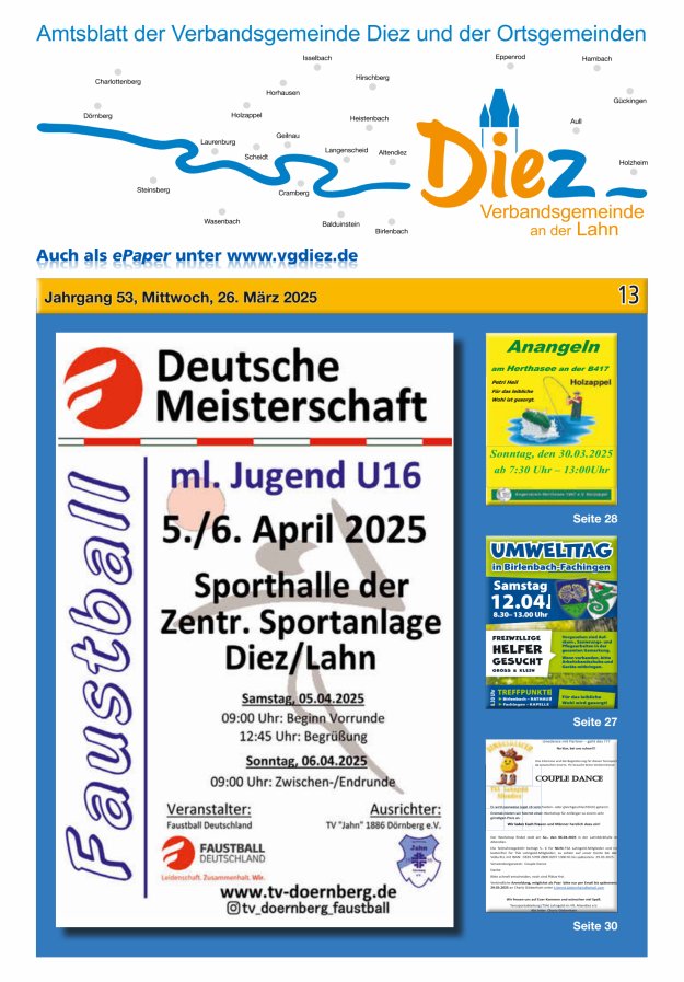 Mitteilungsblatt der Verbandsgemeinde Diez und der Ortsgemeinden Titelblatt 13/2025