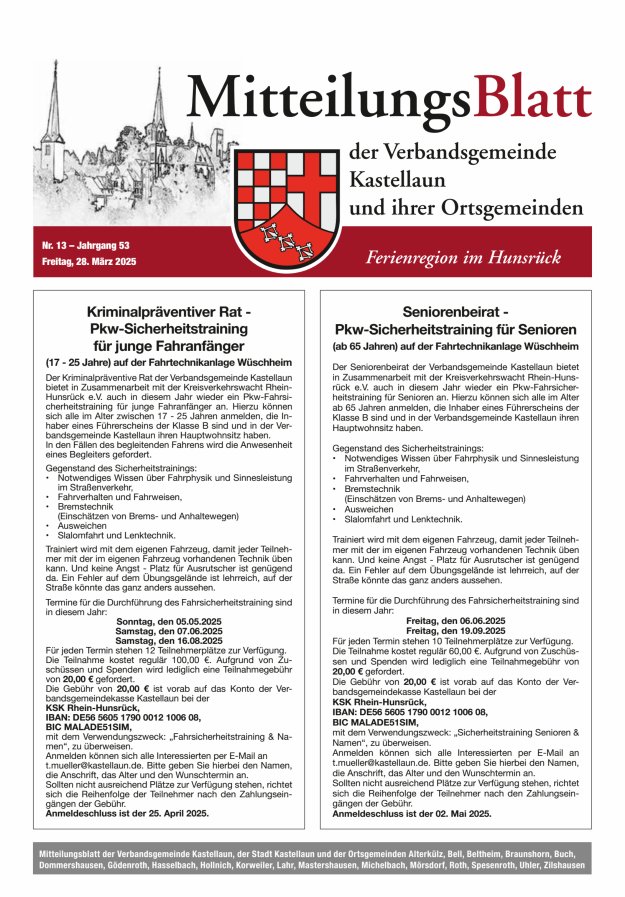 Mitteilungsblatt Kastellaun Titelblatt 13/2025
