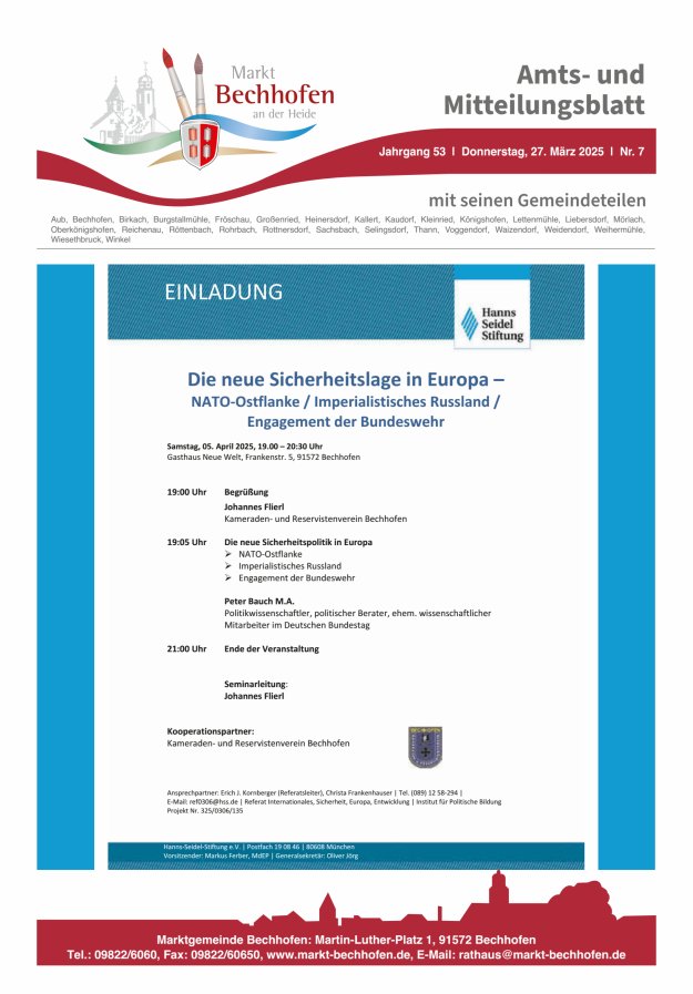 Amts- und Mitteilungsblatt für den Markt Bechhofen Titelblatt 07/2025