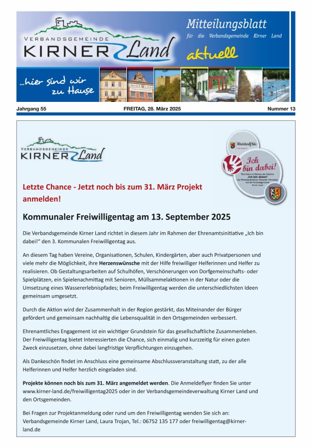 Mitteilungsblatt für den Bereich der Verbandsgemeinde Kirner Land Titelblatt 13/2025