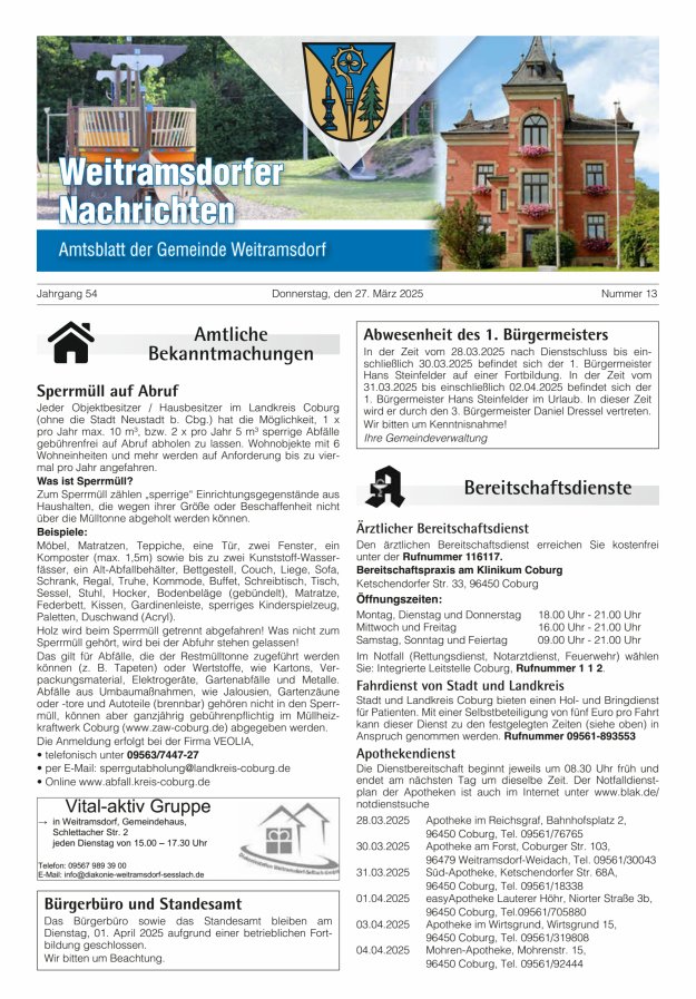 Weitramsdorfer Nachrichten Titelblatt 13/2025