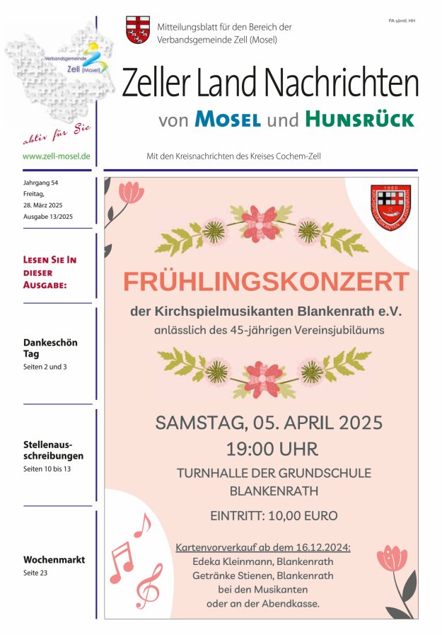 Zeller Land Nachrichten Titelblatt 13/2025