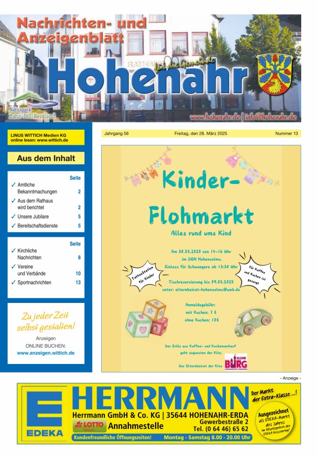 Nachrichten- und Anzeigenblatt für die Gemeinde Hohenahr Titelblatt 13/2025