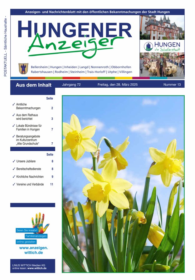 Anzeigen- und Nachrichtenblatt mit den öff  Bekanntmachungen der Stadt Hungen Titelblatt 13/2025