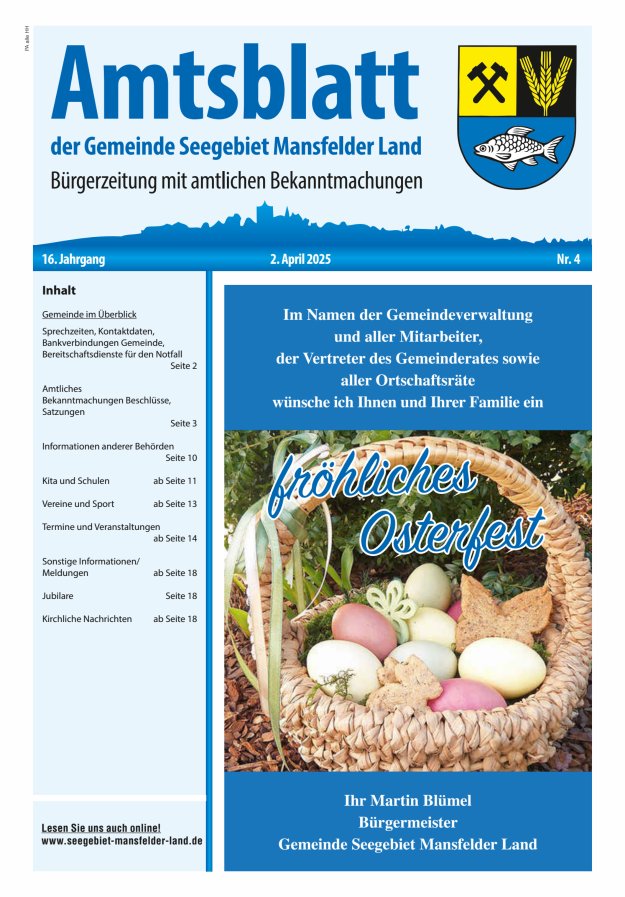 Amtsblatt der Gemeinde Seegebiet Mansfelder Land Titelblatt 04/2025