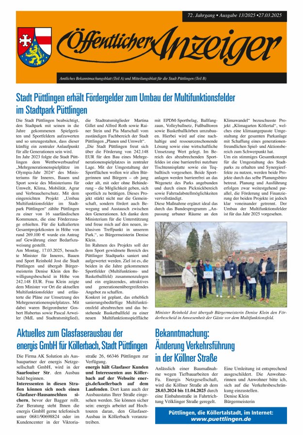 Öffentlicher Anzeiger - Stadt Püttlingen Titelblatt 13/2025