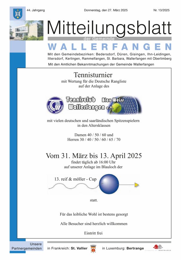 Mitteilungsblatt Gemeinde Wallerfangen Titelblatt 13/2025