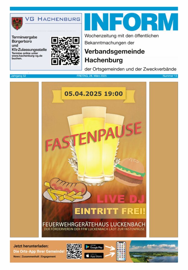 INFORM - Wochenzeitung der Verbandsgemeinde Hachenburg Titelblatt 13/2025