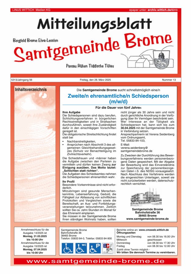 Mitteilungsblatt der Samtgemeinde Brome Titelblatt 13/2025