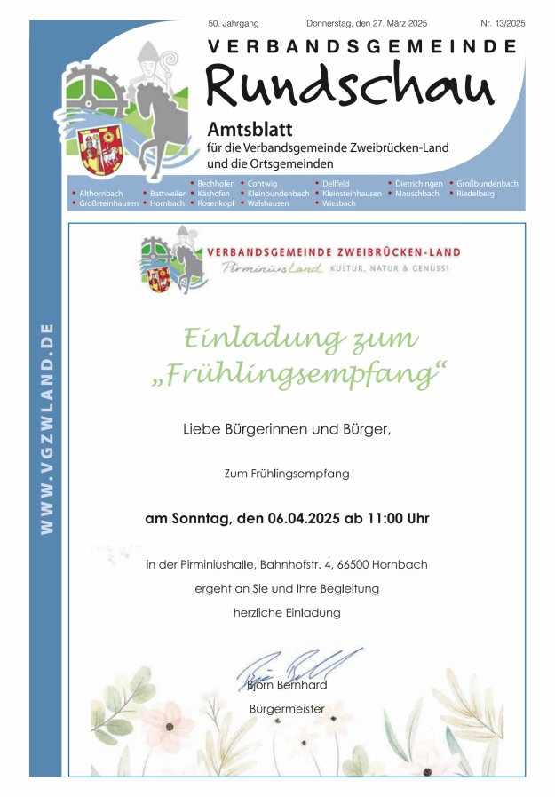 Verbandsgemeinde Rundschau Zweibrücken-Land Titelblatt 13/2025
