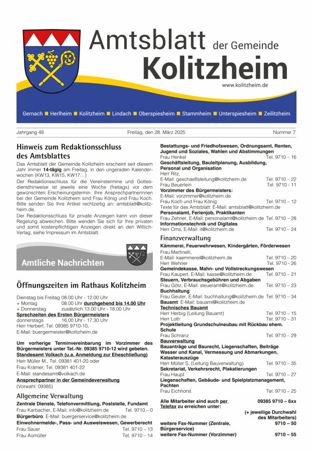 Amtsblatt der Gemeinde Kolitzheim Titelblatt 07/2025