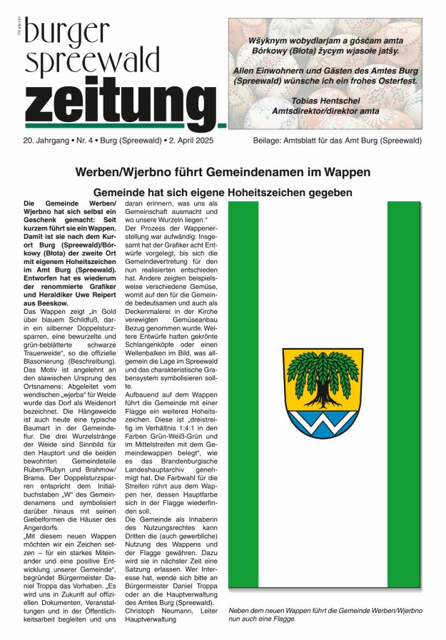 Burger Spreewald Zeitung - Amtsblatt für das Amt Burg (Spreewald) Titelblatt 04/2025