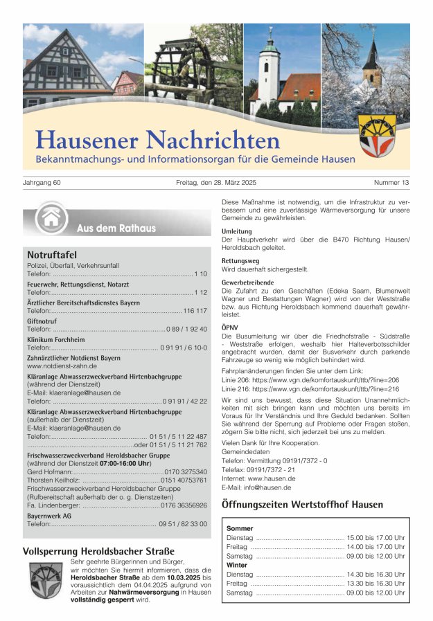 Hausener Nachrichten Titelblatt 13/2025
