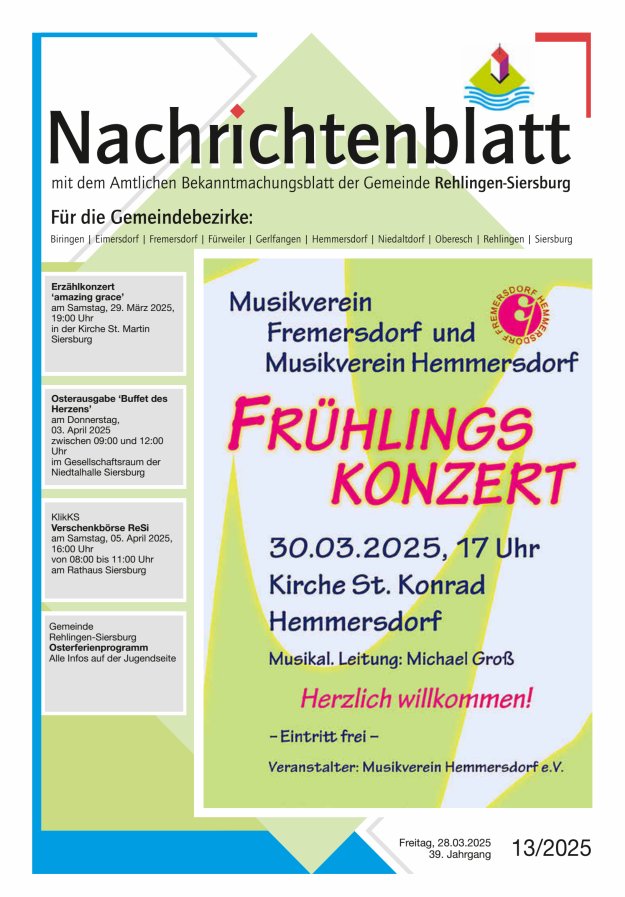Nachrichtenblatt Rehlingen-Siersburg Titelblatt 13/2025